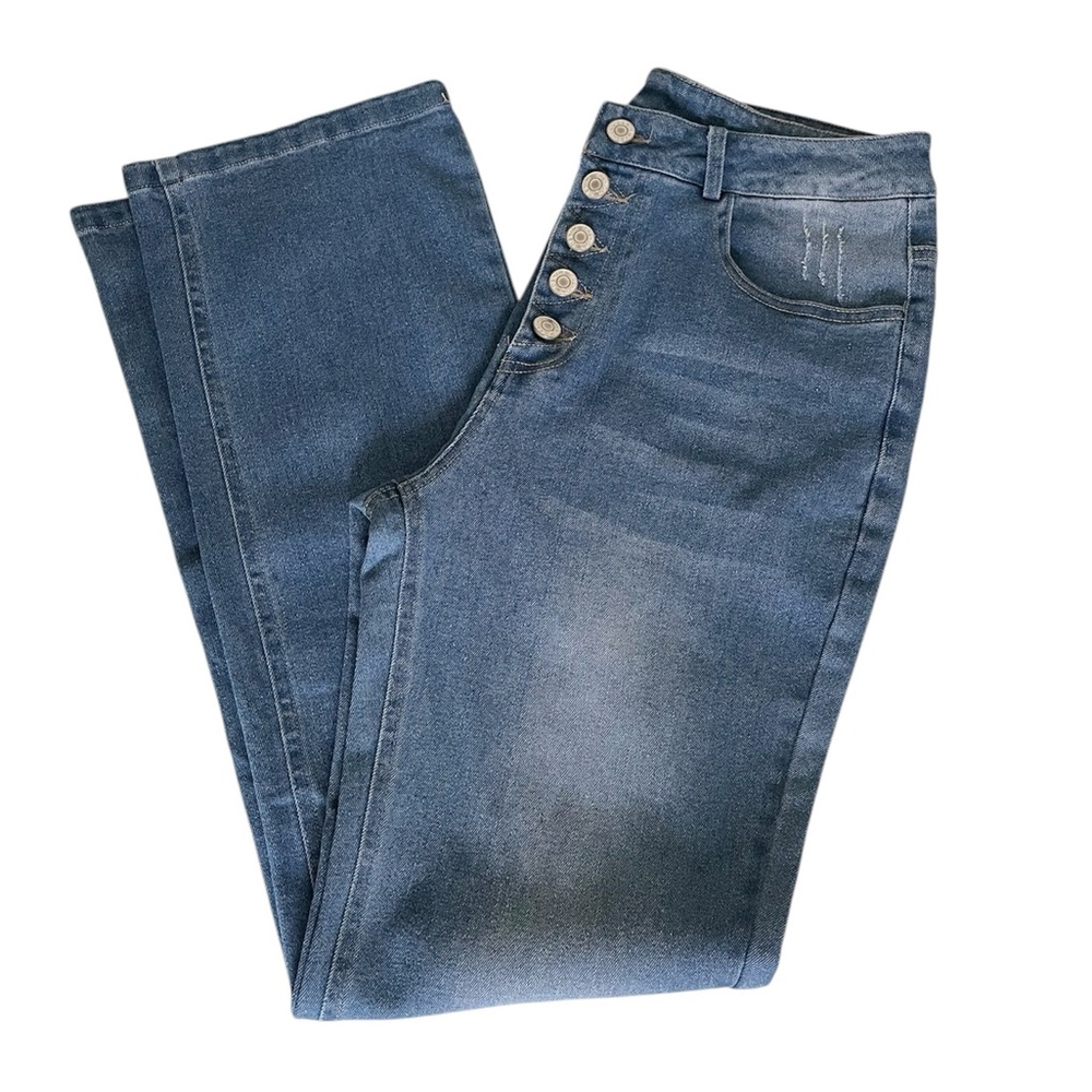 Women's High-Rise Straight Leg 5-Pocket Faded Distressed Blue Jeans size Medium
